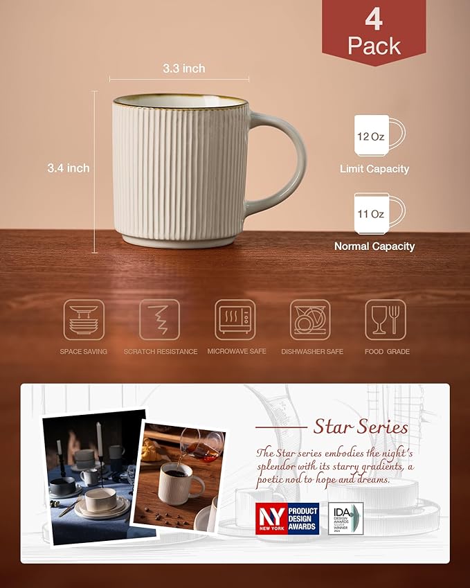 famiware Coffee Mug Set for 4, Star 12 oz Catering Mugs Cup Set with Handle for Coffee, Tea, Cocoa, Milk - Ceramic Stoneware Drinkware Set, White