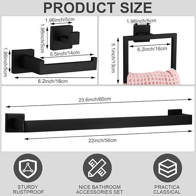 Gisafai 35 Pcs Bathroom Hardware Accessories Set 23.6 Inch Bath Towel Bar Kit Stainless Steel Bathroom Hardware Set Towel Racks Ring Hooks Paper Holder for Wall Mounted (Black)