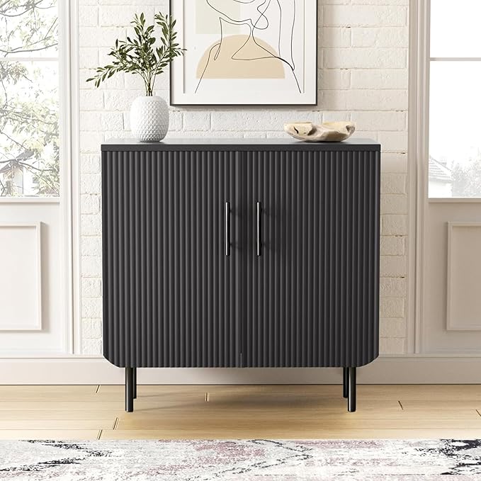 Set of 2 Fluted Black Storage Cabinets, Modern 2-Door Sideboard Buffet Cabinet with Adjustable Shelves and Metal Legs, Accent Cabinet for Kitchen, Living Room, Entryway (Black)