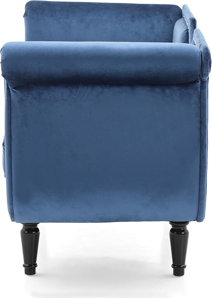 Christopher Knight Home Aurora Velvet Chaise Lounge Indoor with 2 Bolster Pillows, Upholstery Entryway Bench with Nailhead Trim & Curved Arms, End of Bed Bench Ottoman and Wooden Legs, Dark Blue