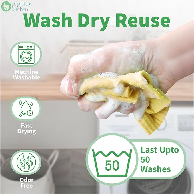 Paperless Kitchen Swedish Dishcloths 12-Pack – Reusable Eco-Friendly Cleaning Towels, Super Absorbent Cellulose Sponge Cloths for Kitchen, Dishes & Countertops, Quick-Dry & Compostable