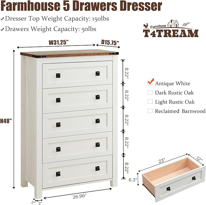 T4TREAM Farmhouse 5 Drawers Dresser Chests for Bedroom, Wood Rustic Tall Chest of Drawers, Dressers Organizer for Bedroom, Living Room, Hallway, Antique White