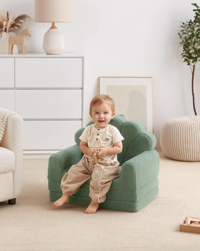 Blissful Diary Kids Couch, 2-in-1 Soft Toddler Couch Fold Out, Toddler Chair Comfy, Convertible Sofa to Lounger, Kids Furniture for Playroom, Gift for Birthday, Children's Day, Green Shell
