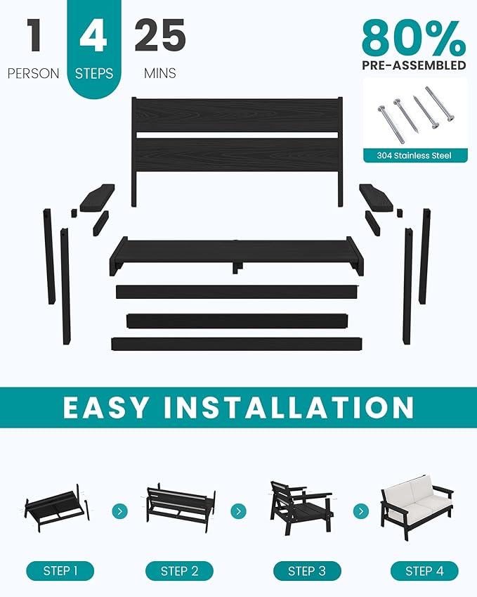 SERWALL HDPE Outdoor Furniture Set, 4 Piece Outdoor Sofa Set, Black Frame with Khaki Cushions