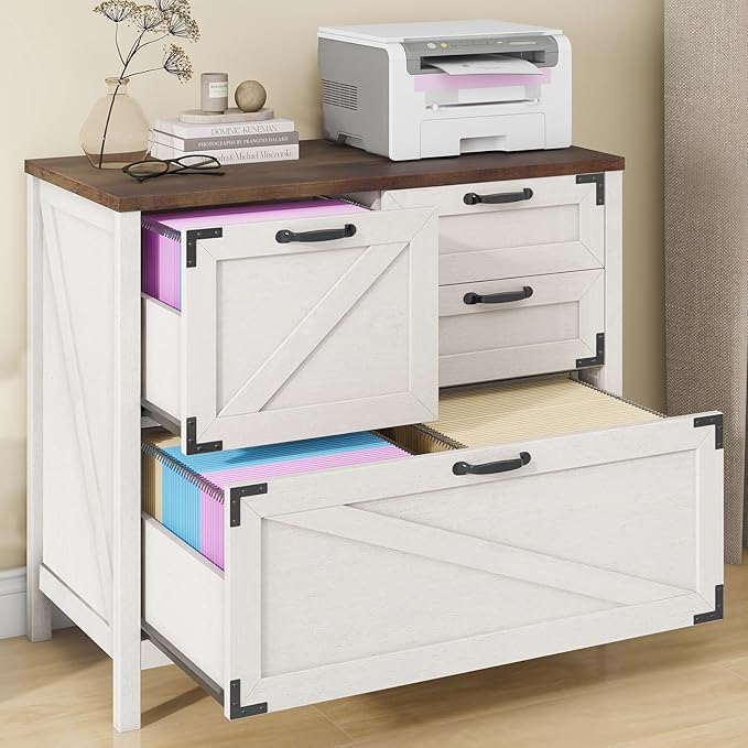 Lateral File Cabinet with 4 Drawers Farmhouse File Cabinet for Letter/Legal/A4 Size Hanging Files, Large Wood File Storage Cabinets Printer Stand for Home Office Cabinet, Rustic White