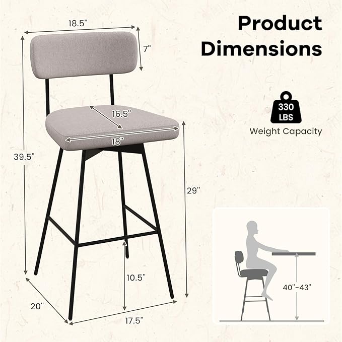 COSTWAY Bar Stools Set of 4, 29” Upholstered Bar Height Chairs with Back, 360° Swivel Bar Chairs with Heavy-Duty Metal Legs and Footrests, Fabric Seat for Kitchen Island, Dining Room, Bar (4, Beige)
