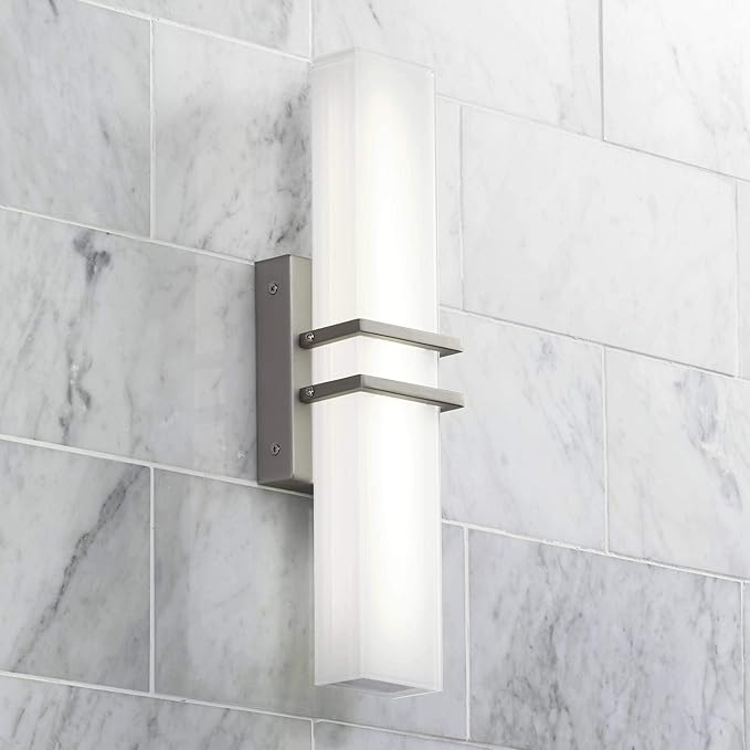Possini Euro Design Exeter Modern Art Deco Wall Mount Light LED Brushed Nickel Silver Metal 17" Wide Vanity Fixture Rectangular Silk Screened Glass Shade Decor for Bathroom Over Mirror House Home