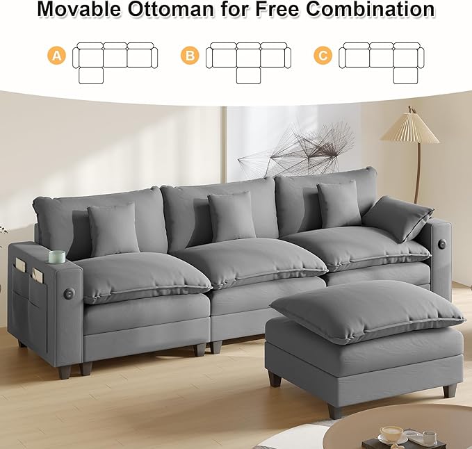 Cloud Couch, Modular Sectional Sofa with Ottoman, Charging Station, Throw Pillows, Cup Holders, Modern Convertible L Shaped Couches for Living Room, Bedroom (Grey, 116"- L Shape)