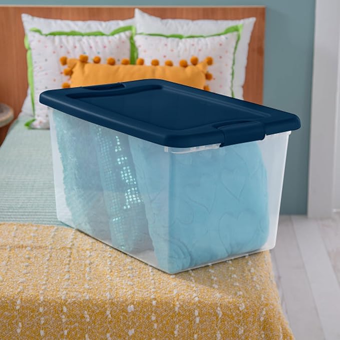 Sterilite 12-Pack Color Program, Large Clear Plastic Storage Bins with Lids, 64 Quart, Blue - Stackable Organizing Container Boxes for Closet, Bathroom, and Office