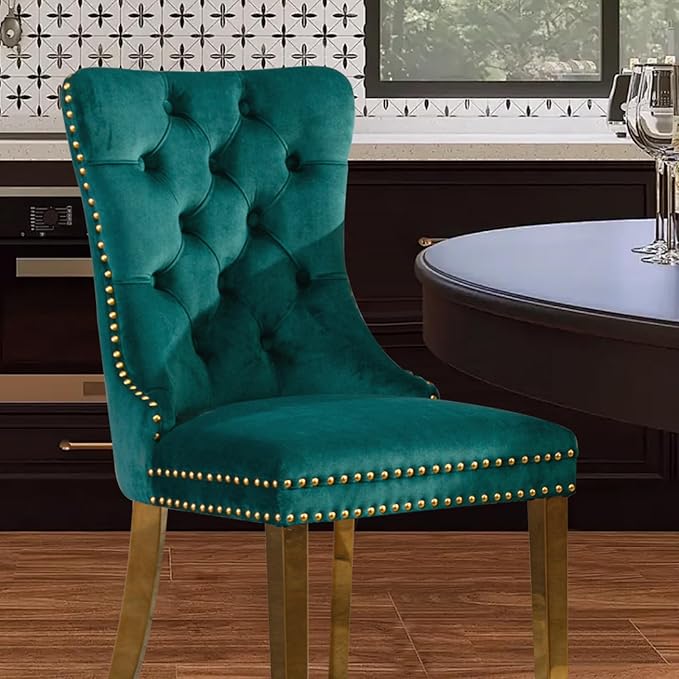 Velvet Upholstered Dining Chairs Set of 8, Modern Style Kitchen Side Chairs with Nailhead Trim and Gold Plated Leg, Metal Pulling Ring for Dining Room Living Room(Green)