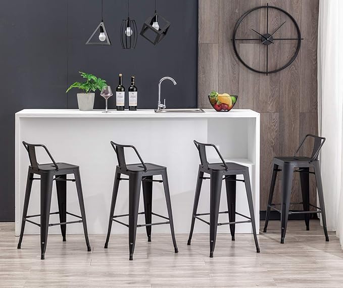 HAOBO Home 30" Low Back Metal Counter Stool Height Bar Stools [Set of 4] for Indoor/Outdoor Barstools, Matte Black