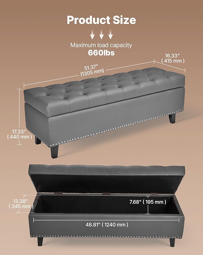VEVOR Button-Tufted Storage Ottoman Bench, PU Leather Bench with Storage and Solid Wood Legs, Modern Shoe Benches Seat for Entryway, Upholstered End of Bed Benches for Living Room, Dining Room, Gray
