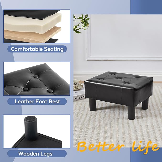 Small Foot Stool Ottoman, Faux Leather Footstool Ottoman Foot Rest for Couch, Rectangle Footstools and Ottomans Small for Living Room, Entryway and Bedroom (Black)