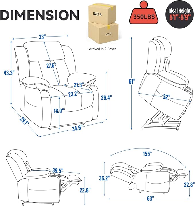 Power Lift Recliner Chair, USB/Type-C Ports & Cup Holders, Heavy Duty Chenille Recliner for Elderly, Light Grey