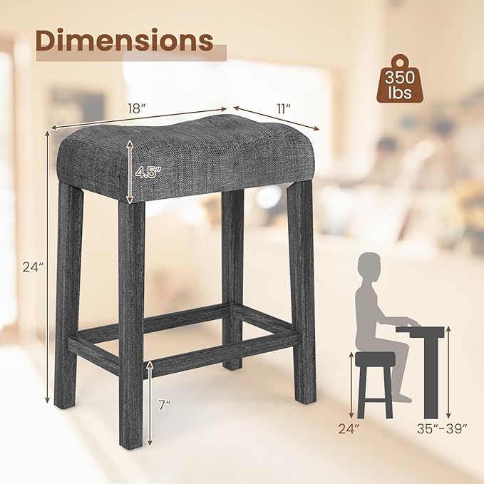 COSTWAY Wooden Saddle Stools Set of 2, 24-inch Counter Height Upholstered Backless Bar Stools with Solid Rubber Wood Legs, Padded Seat, Farmhouse Dining Chairs for Kitchen Island, Cafe, Grey