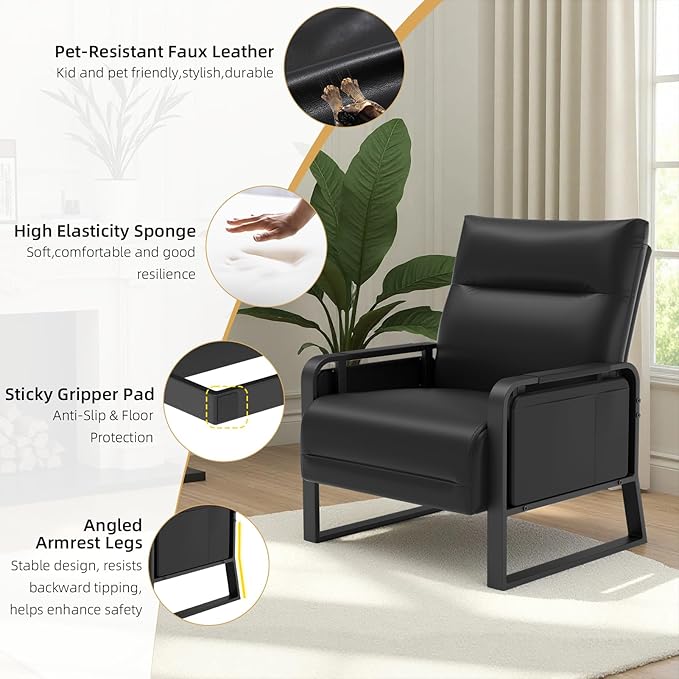Faux Leather Accent Chair with Flip Up Tray Table Soft Backrest Side Pocket for Living Room Office Bedroom Leather Accent Chair, Black