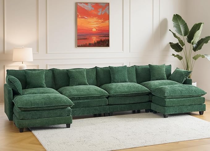 146" U Shaped Sectional Cloud Couch with 2 Ottomans｜Large Chenille Modular Sofa for Living Room｜FSC Solid Wood Frame｜29.1" Deep Seat｜Easy Assembly & 1YR Guarantee Green