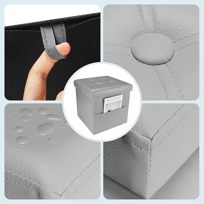 Storage Ottoman Foot Rest Stool, Small Leather Storage Ottomans Bench, Folding Footstool with Side Pockets, Foot Rest Under Desk for Living Room Bedroom, 15x15x15 in, Grey