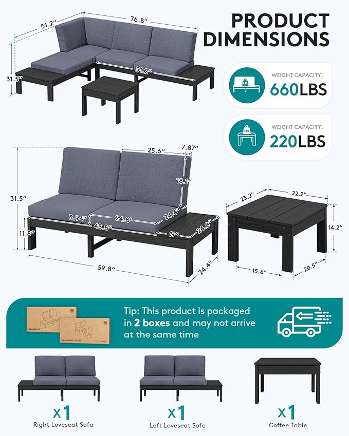 SERWALL HDPE Patio Furniture Set, Modular Outdoor Sectional Sofa Set with Built-in Side Tables, Seats 4, All-Weather Patio Conversation Set for Garden, Deck, Porch, Black Frame with Grey Cushion