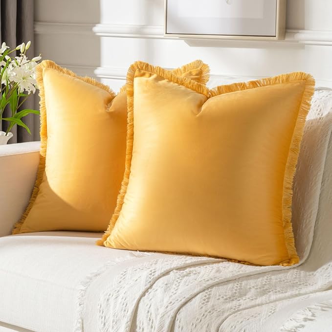 FUTEI Orange Velvet Decorative Throw Pillow Covers 24x24 Set of 2,Soft Cozy Edge with Tassels European Cushion Case,Boho Modern Home Decor for Couch Bed Living Room