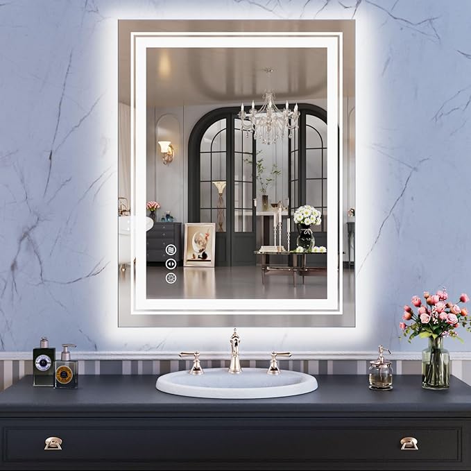 WTTY LED Bathroom Mirror with Backlit and Front Light, 27.5" X 35.4" Stepless Dimmable LED Mirror for Bathroom,Anti-Fog Lighted Bathroom Vanity Mirror Modern,Memory Function,Shatter-Proof