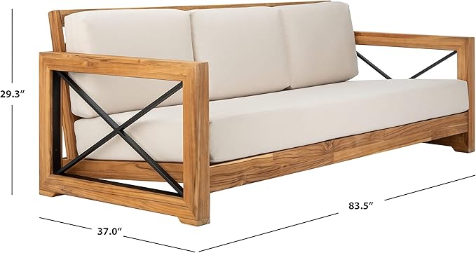 SAFAVIEH CPT1010A Couture Curacao Brazilian Teak Outdoor 3-Seat Patio Sofa, Natural/White