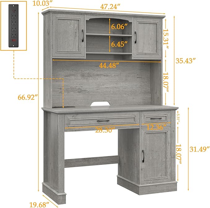 Farmhouse 47" Executive Desk with Hutch, 2 Drawers and LED Light, Computer Desk with Storage Cabinet and Charging Station,Workstation for Home Office and Study.Grey