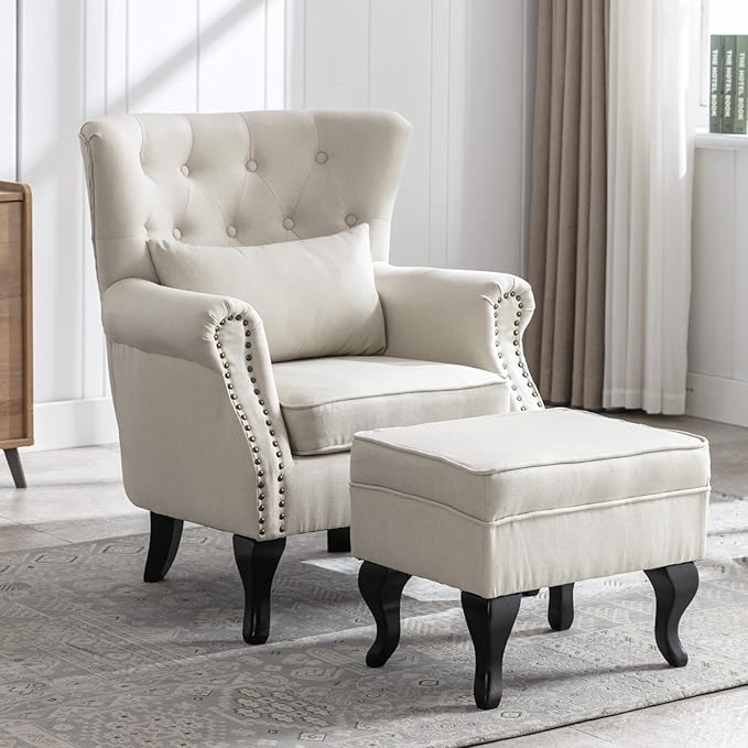 Mid Century Modern Accent Chair Upholstered Armchair Comfy Linen Fabric Tufted Wingback Single Sofa with Ottoman for Bedroom Living Room, Beige