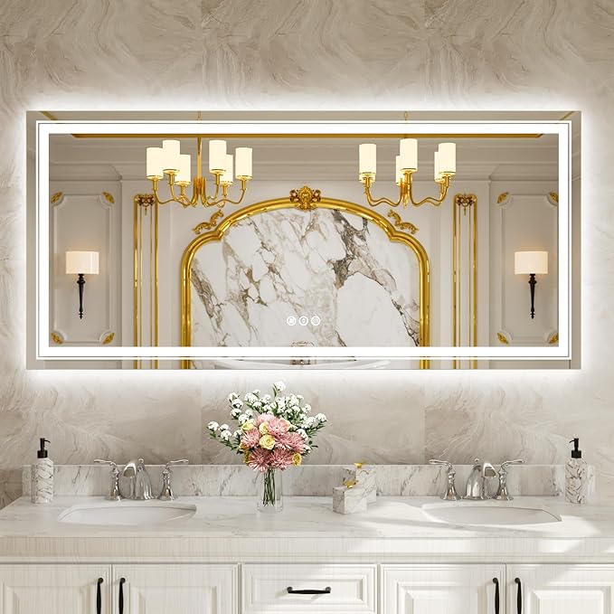 WTTY LED Bathroom Mirror 84''x40'' with Front and Backlight, Large Dimmable LED Vanity Wall Mirrors, Double LED Mirror for Bathroom with Anti-Fog, 3 Colors, Memory Function, Shatter-Proof, ETL Listed