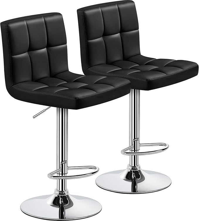Yaheetech Bar Stools Set of 2, Adjustable PU Leather Swivel Barstools, Modern Counter Stools with Back and Footrest, Counter Height Barstools for Bar, Kitchen, Dining Room, Black