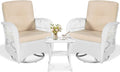 VIVIJASON 3-Piece Patio Conversation Bistro Set, Outdoor Swivel Glider Rocking Chairs Rattan Furniture Set w/ 2 Rattan Chairs, Glass Top Side Table for Porch Backyard, White - Beige