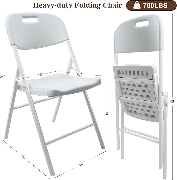 10 Pack Folding Chair, 700 lb Weight Capacity,Indoor/Outdoor Heavy Duty Foldable Chairs for Restaurants, Kitchens, Picnics, Races, Parties & Weddings. (10, White)