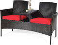 COSTWAY 2-Seat Patio Conversation Sets, Outdoor Patio Loveseat Set with Removable Cushions & Built-in Coffee Table for Backyard, Garden, Lawn, Balcony, Brown+Red