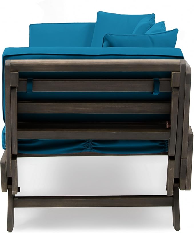 Christopher Knight Home Gary Patio Convertible Couch, Wooden Outdoor Daybed, 3-Seater Acacia Wood Patio Furniture Lounge Sofa for Backyard/Poolside/Garden, Back Pillow+Removable Cushion, Grey+Teal