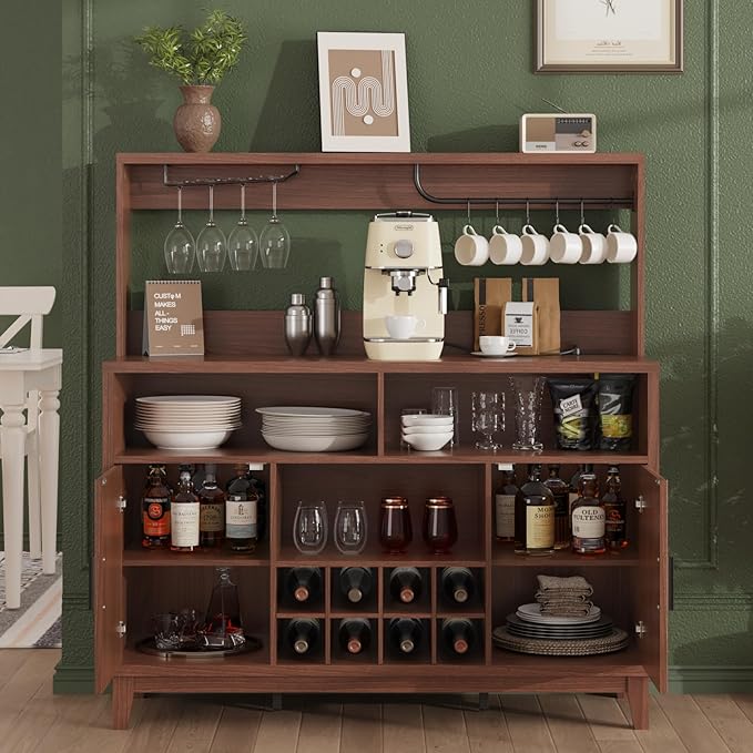 Fluted Buffet Cabinet with Storage, Modern Coffee Bar Cabinet with Outlet, Wine Rack, Cup Holder, Multi-Functional Accent Liquor Cabinet for Living Room, Entryway, Kitchen, Walnut