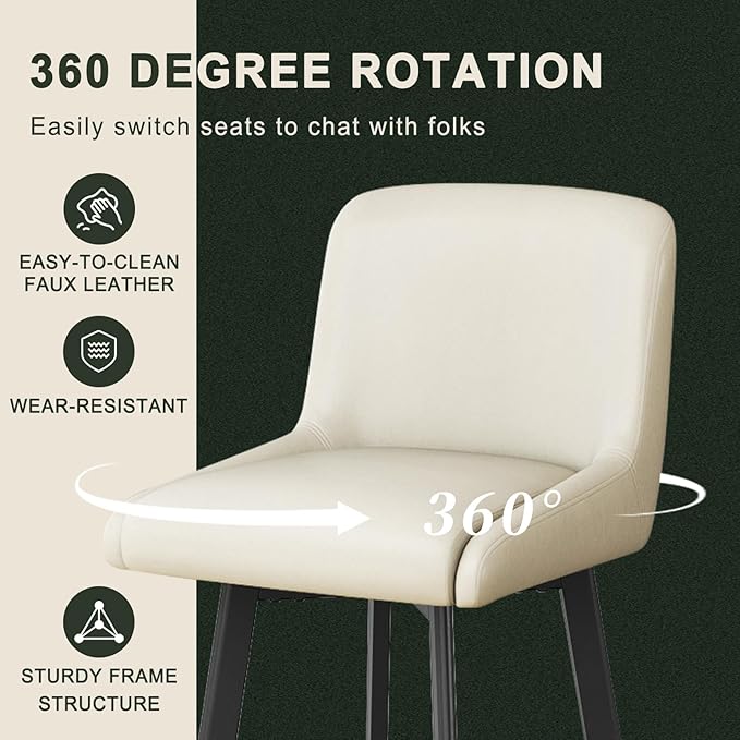 Swivel Bar Stools, 30''H Upholstered Barstools with Backs, Modern Counter Height Bar Stool Chairs for Kitchen Island, Metal Legs (Beige- Faux Leather, Set of 2-30" H)