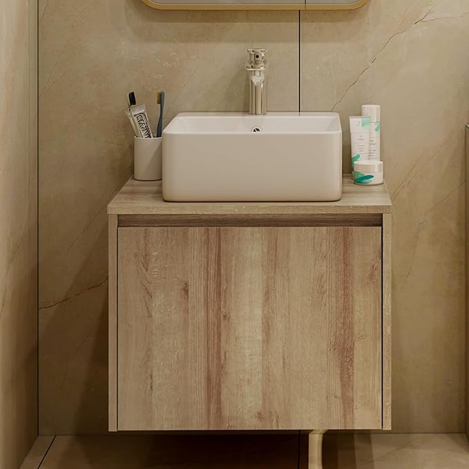 Bathroom Vanity with Sink,Bathroom Vanities， Natural Color Wall-Mounted Bathroom Vanity with Hidden Drawer
