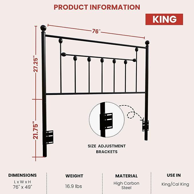 Victorian Metal Headboards, Adjustable Height Iron Frame, Rustic Farmhouse Style, Elegant and Durable Design, Easy Assembly, Universal Fit for Kids & Adults, King Size, Black Finish