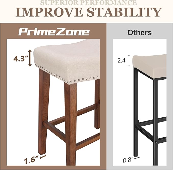 PrimeZone Counter Height Bar Stools Set of 2 - Backless Saddle Barstools with 4.3" Thick Upholstered, Nailhead Trim Linen Fabric & Solid Wood Legs, 26 Inch Counter Stools for Kitchen Island, Beige