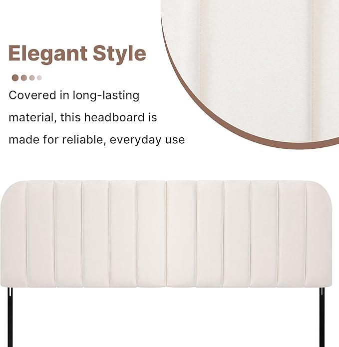Upholstered Headboard - Striped Interval - Adjustable Height - Metal Legs - Bed Frame (Beige, King (U.S. Standard))