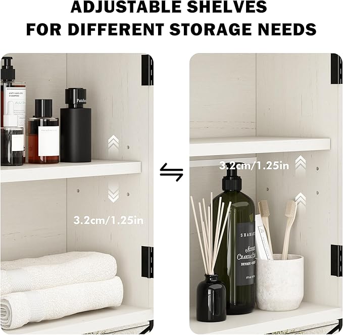 RUSTOWN Rattan Bathroom Wall Cabinet, Boho Over The Toilet Storage Cabinet with Arched Rattan Doors, Modern Medicine Cabinet with Adjustable Shelves & Towel Bar(Vintage White,Small)
