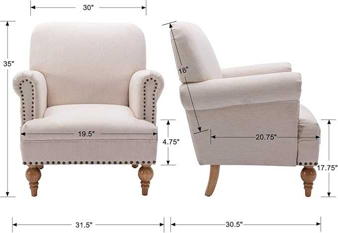 Modern Linen Accent Chairs Set of 2 Comfy Reading Chairs Upholstered Lounge Chair Single Sofa Couch for Bedroom/Living Room, Cream