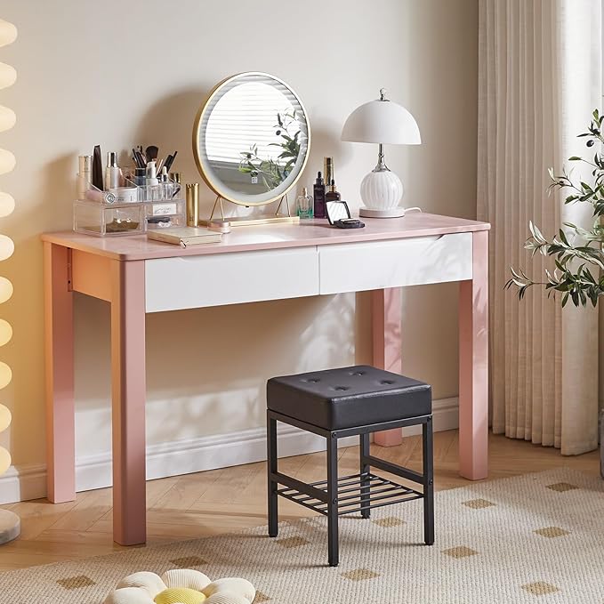 IBUYKE Square Makeup Stool with Adjustable Feet and Storage Space, Footrest Chair, PU Vanity Seat, Multi-Use as Small Side Table or Ottoman, for Bedroom, Black LG-60B