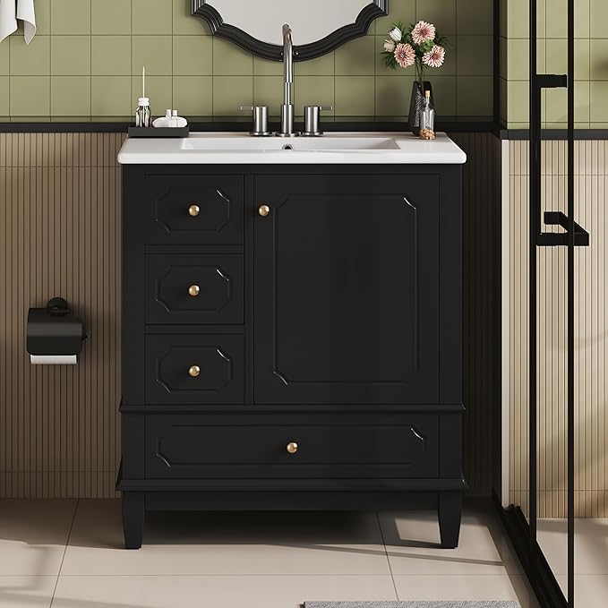 Bathroom Vanity with Ceramic Sink 30 inch, Multi-Functional Storage Cabinet with Drawers and Door Shelf, Solid Wood Frame, Soft-Closing Door, Black