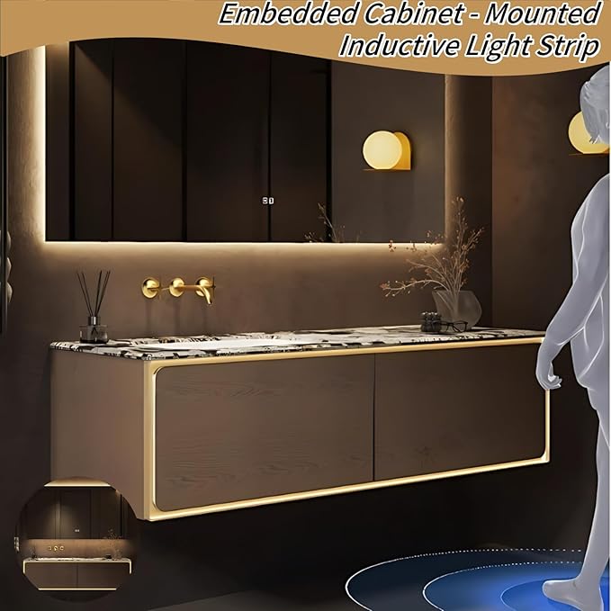 66IN Bathroom Vanity Set with a Single Sink - Embedded Sensor Light Strip & Large Capacity Floating Cabinet | Modern Bathroom Vanities with Defogging Mirror Surface & LED Lighting (Mirror)