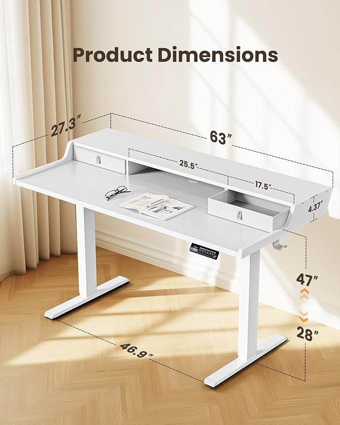 ErGear Electric Standing Desk with Drawers, 63″ x 28″ Gaming Table Compatible Monitor Stand, Stand up Desks, Home Office Height-Adjustable Desk with Storage Shelf, 4 Preset Heights, White