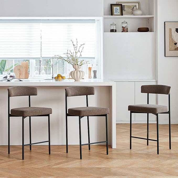 Grey Modern Bar Stools Set of 3, 24 Inch Counter Stools with Curved Backrest, Counter Height Bar Stools for Kitchen Island
