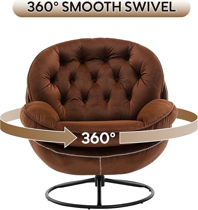 Set of 2 360° Swivel Modern Velvet Accent Chair with Ottoman | Mid-Century Button Tufted Lounge Chair for Living Room & Bedroom, Brown
