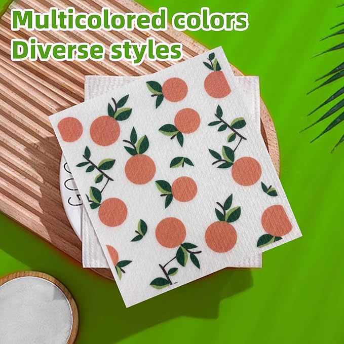 6 Pack Swedish Dishcloths – Super Absorbent, Reusable & Eco-Friendly Kitchen Towels (Fruit/Lavender/Camping/Solid Colors) (Fruit Party)