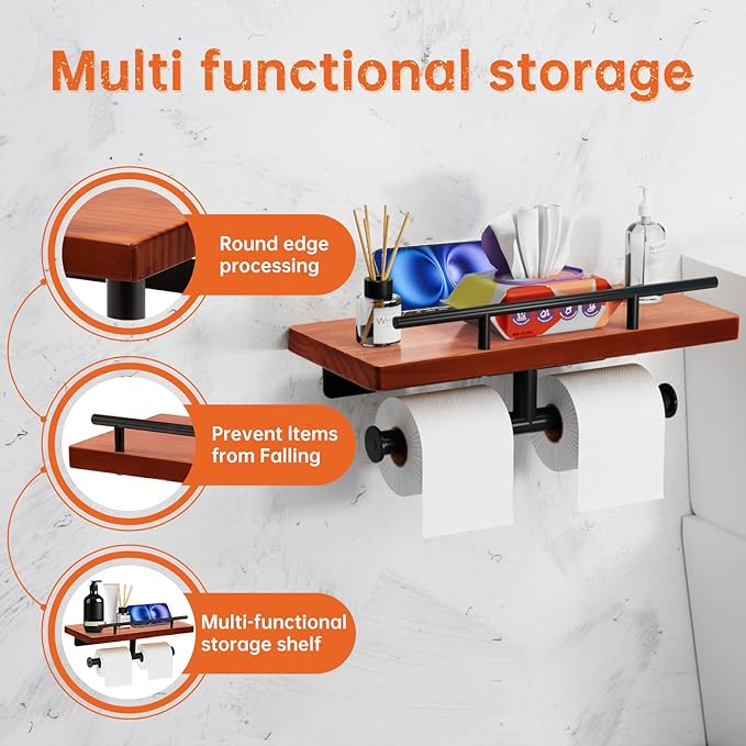 Toilet Paper Holder with Wood Shelf, Wall Mount Toilet Paper Roll Holder with Wooden Shelf and Matte Black Stainless Steel Pipe, Tissue Roll Holder for Bathroom Washroom (Dark Brown, 13.8'' x 5.9'')